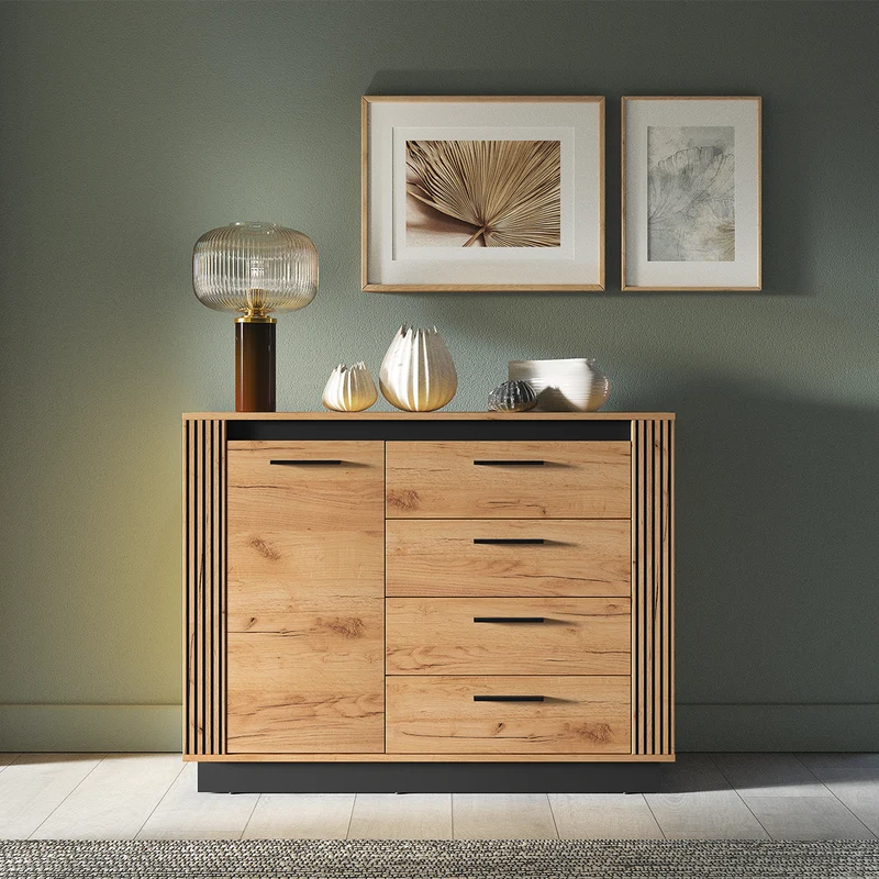 Buffet 1 porte 4 tiroirs Solal Bois et Noir