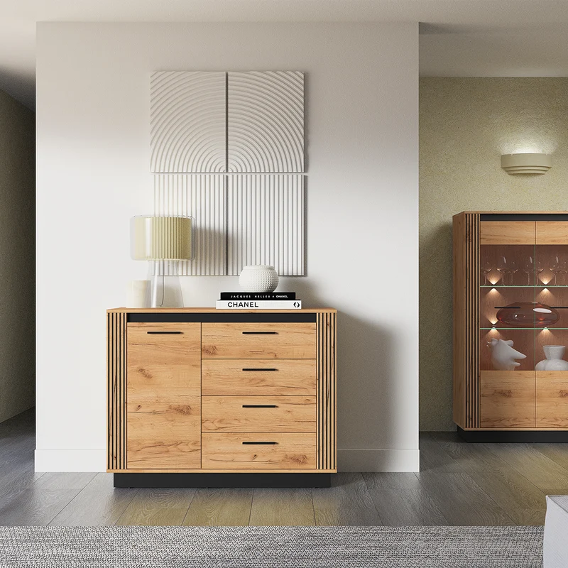 Buffet 1 porte 4 tiroirs Solal Bois et Noir