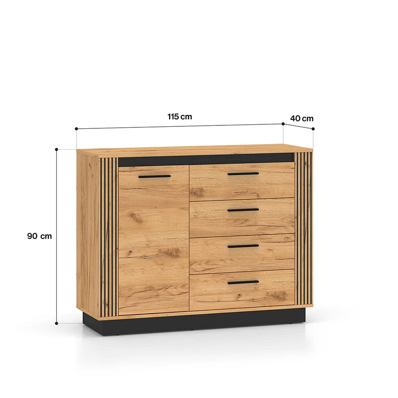Buffet 1 porte 4 tiroirs Solal Bois et Noir