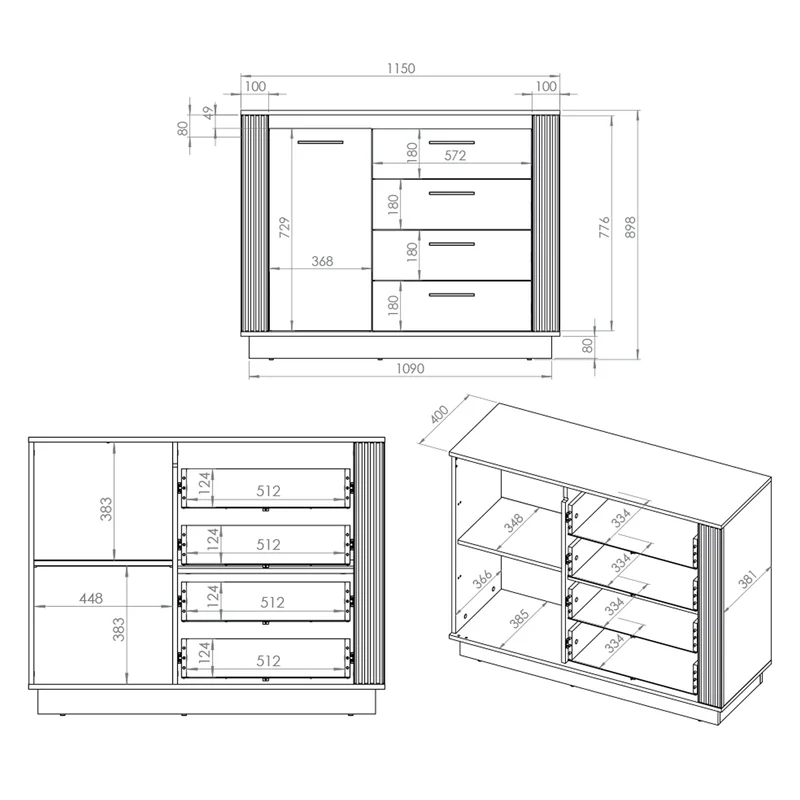 Buffet 1 porte 4 tiroirs Solal Bois et Noir