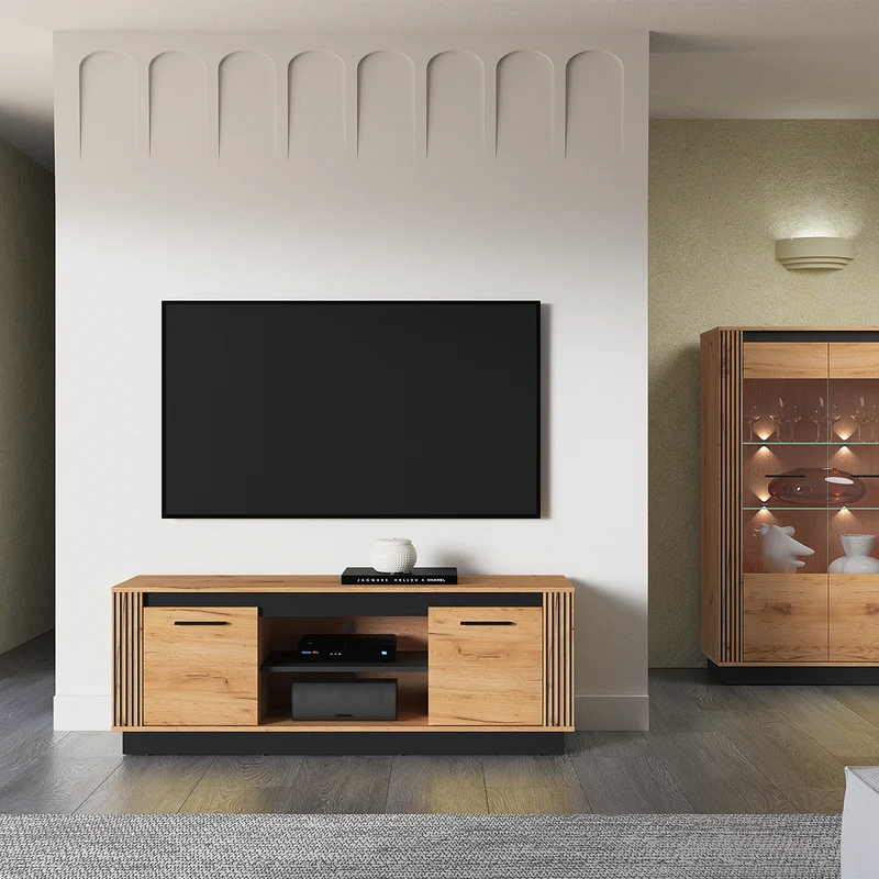 Meuble TV 2 portes 150 cm Solal Bois et Noir
