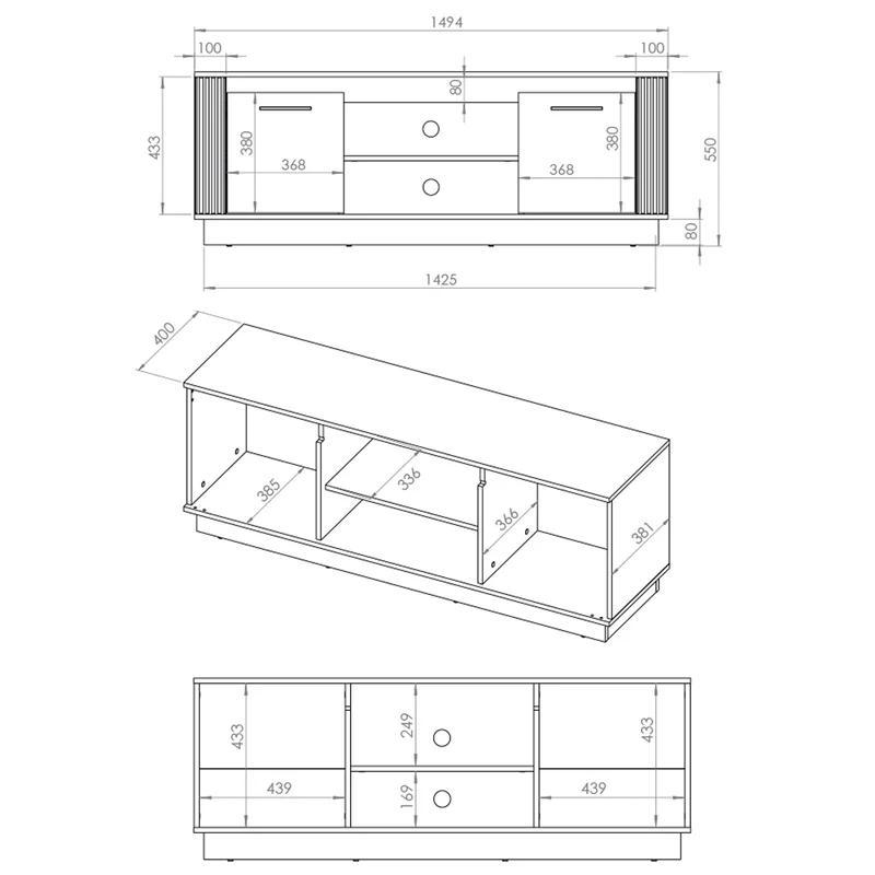 Meuble TV 2 portes 150 cm Solal Bois et Noir