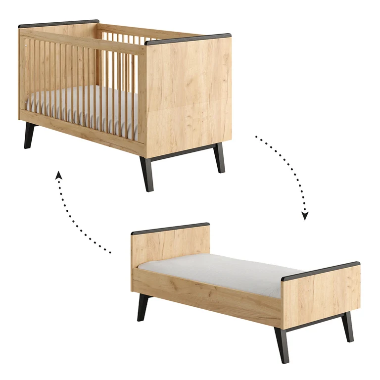 Lit évolutif 70x140 et commode 3 tiroirs Pinio Retro Bois