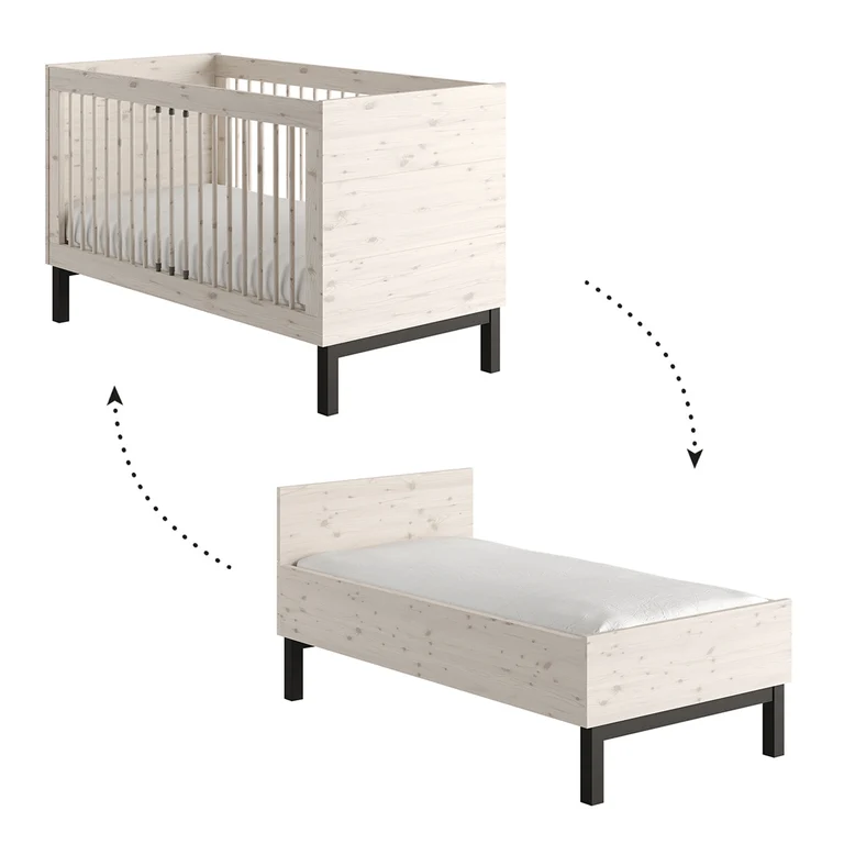 Lit évolutif 70x140 et commode 3 tiroirs Pinio Country Bois blanchi