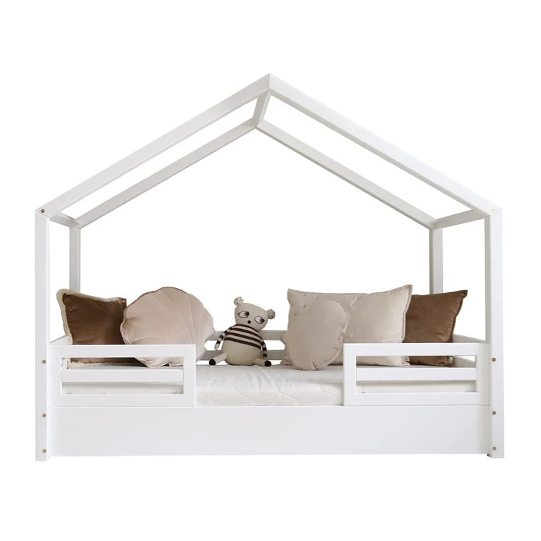 Lit cabane 90x190 barrières et sommier inclus pieds 1 cm Lucile Blanc