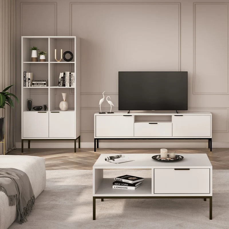 Meuble TV 175 cm Seattle Blanc Pieds noirs