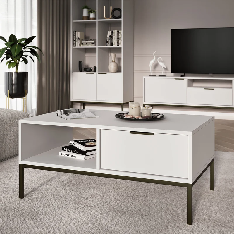 Table basse 100 cm Seattle Blanc Pieds noirs