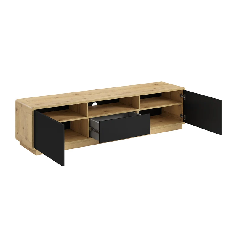Meuble TV 2 portes 1 tiroir 180 cm Raven Noir et Bois