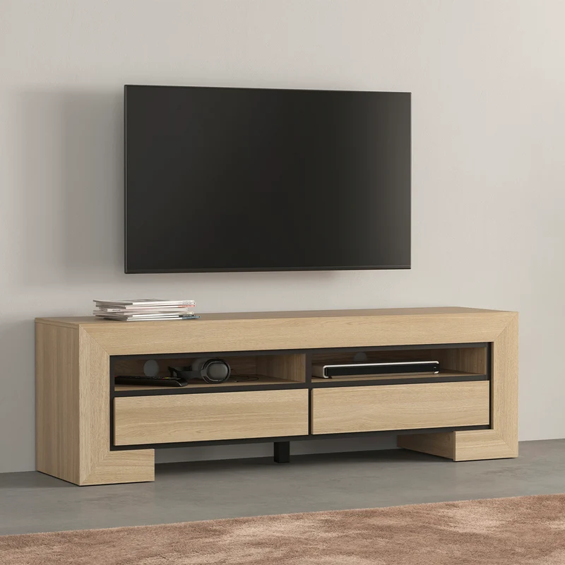 Meuble TV 2 tiroirs 160 cm Lucius Bois et Noir
