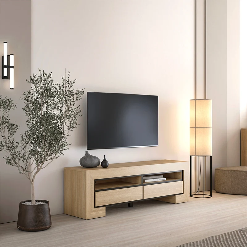 Meuble TV 2 tiroirs 160 cm Lucius Bois et Noir