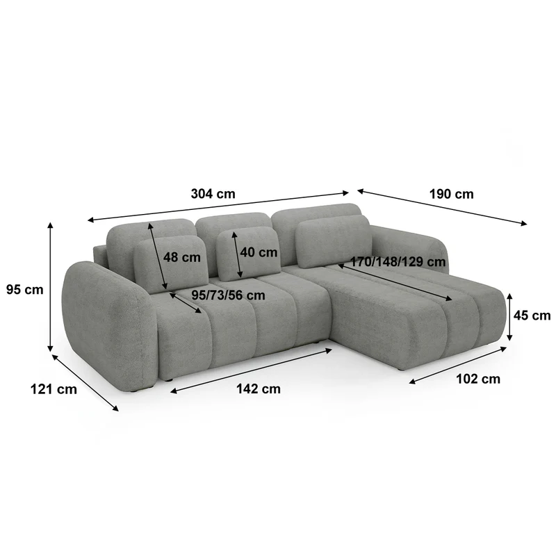 Canapé d'angle réversible et convertible 3 places avec coffre Cesar Gris clair