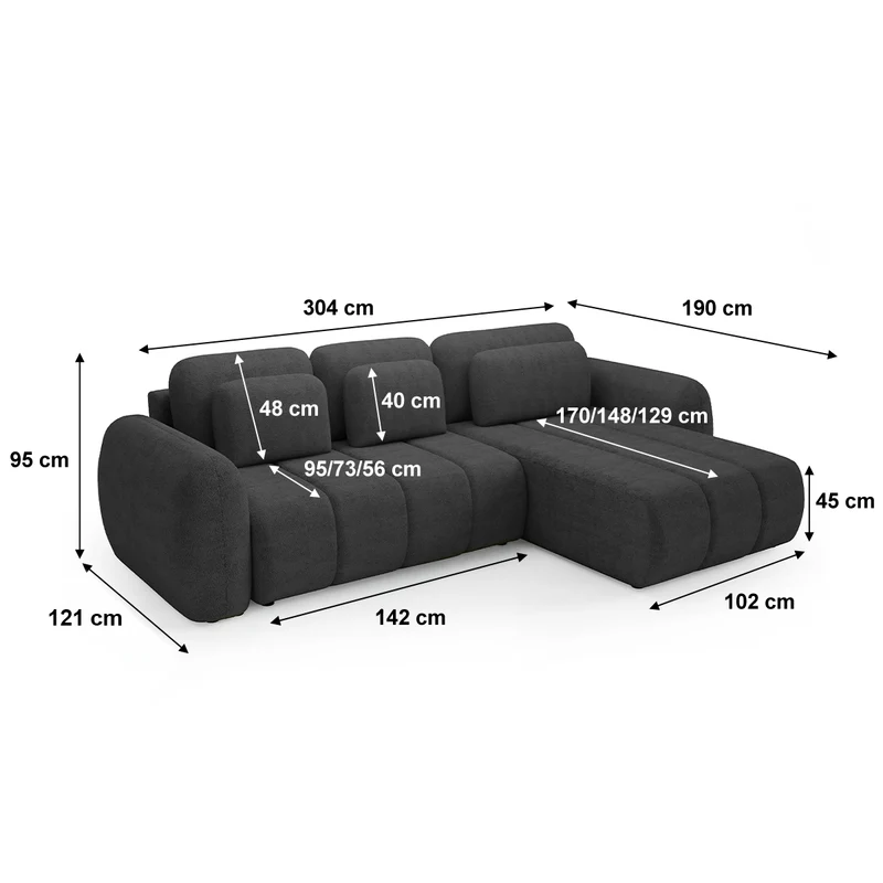 Canapé d'angle réversible et convertible 3 places avec coffre Cesar Gris foncé