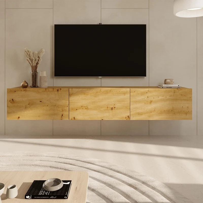 Meuble TV mural 3 portes 160 cm Idao Bois clair