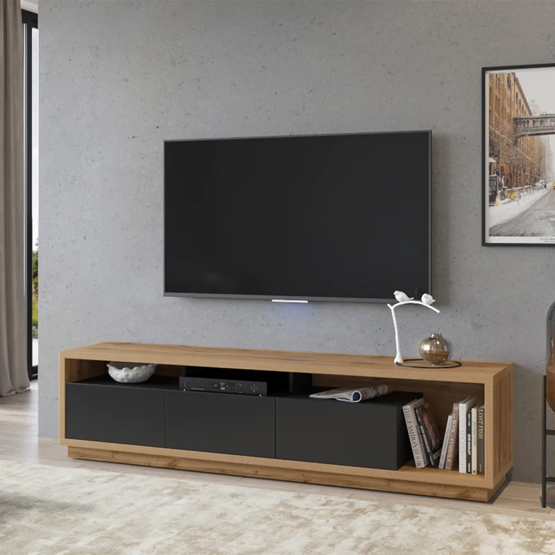 Meuble TV 3 tiroirs 200 cm Asten Noir et Bois