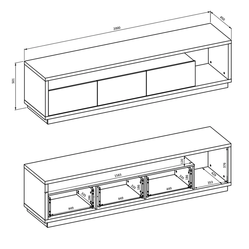 Meuble TV 3 tiroirs 200 cm Asten Noir et Bois