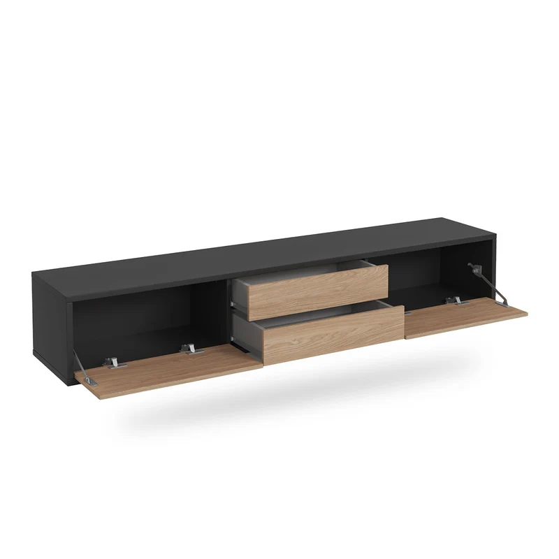 Meuble TV mural 2 portes 2 tiroirs 180 cm Idra Gris et Bois