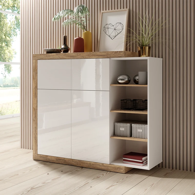 Buffet haut 4 portes Azior Blanc et Bois