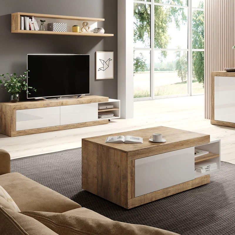 Table basse 1 porte Azior Blanc et Bois