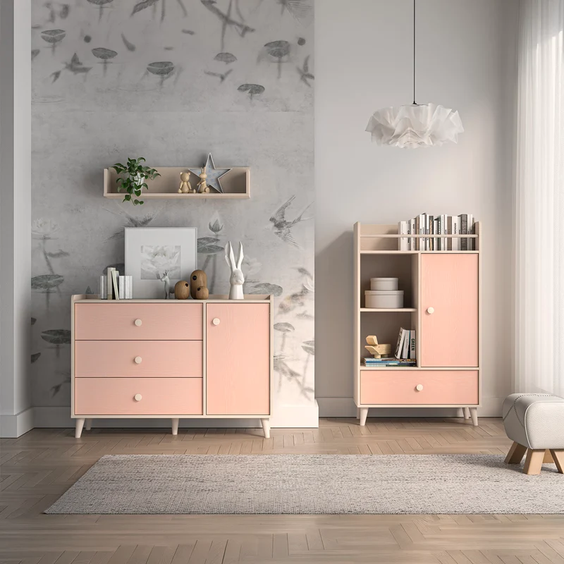 Commode 1 porte 3 tiroirs Alycia Beige et Rose
