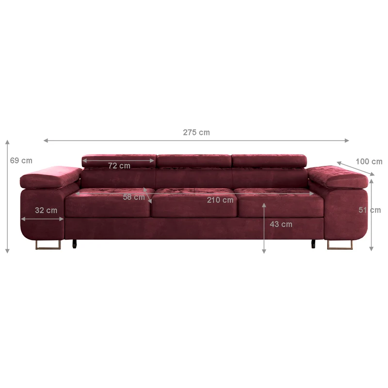 Canapé convertible 3 places Wilson velours Bordeaux