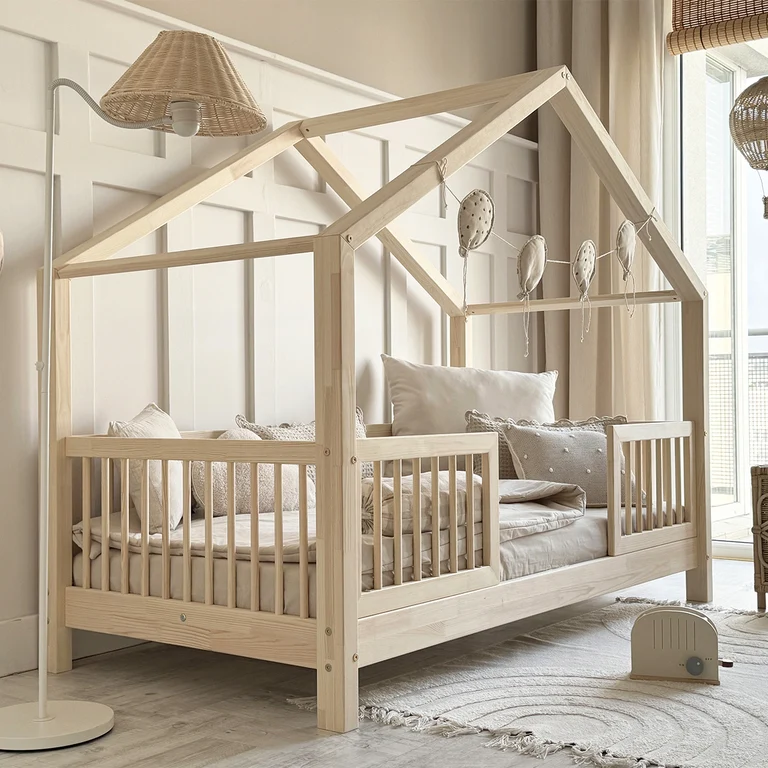 Lit cabane 90x190 barrières et sommier inclus pieds 10 cm Rosalie Bois