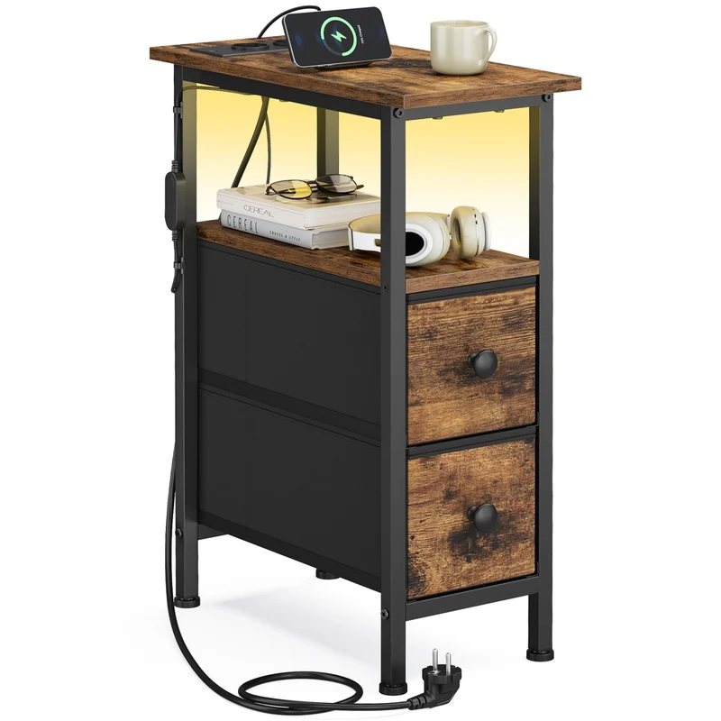 Table de chevet avec led prise usb et tiroirs en tissu
