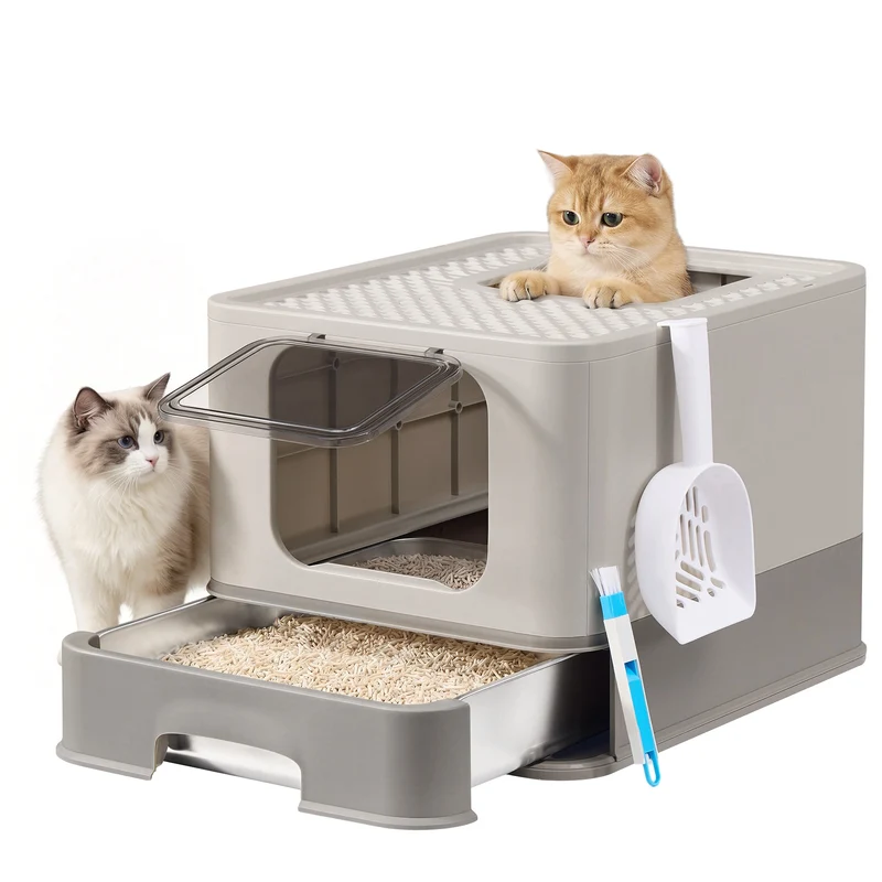 Bac à litière pour chat en acier inoxydable avec tiroir et pelle