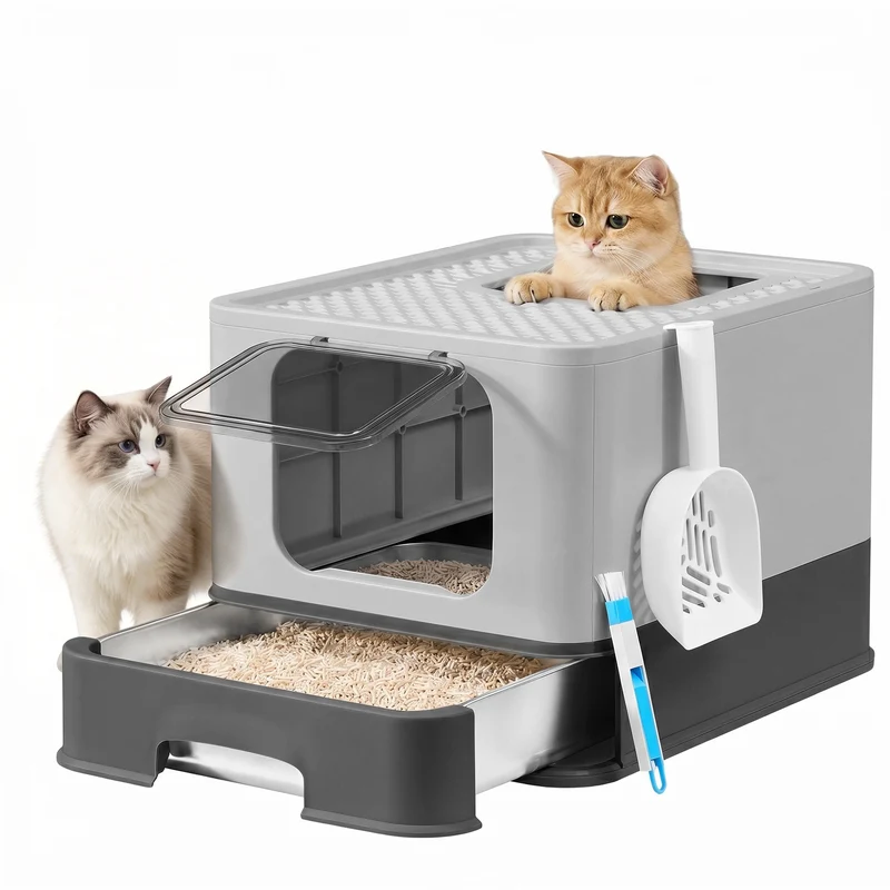 Bac à litière pour chat en acier inoxydable avec tiroir et pelle