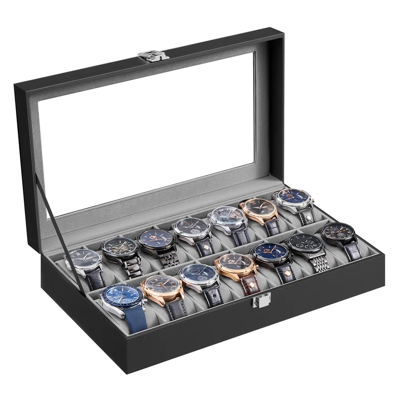 Boîte à montres en cuir PU avec couvercle en verre