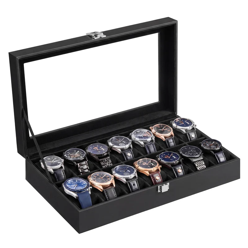 Boîte à montres en cuir PU avec couvercle en verre