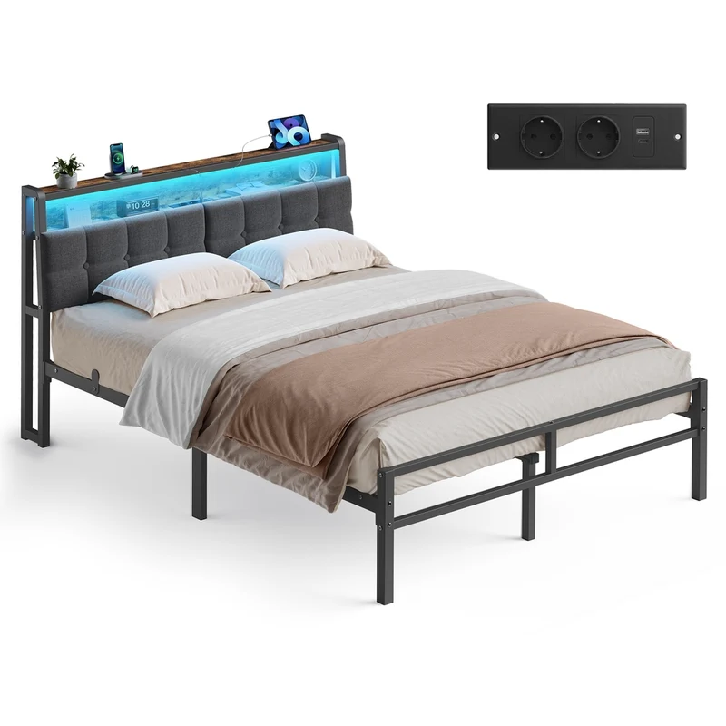 Cadre de lit en métal 140 x 200 cm avec tête LED