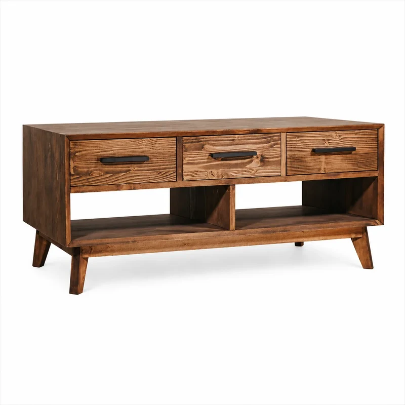 Table basse 3 tiroirs 2 niches en épicéa brossé huilé whisky | Nosta