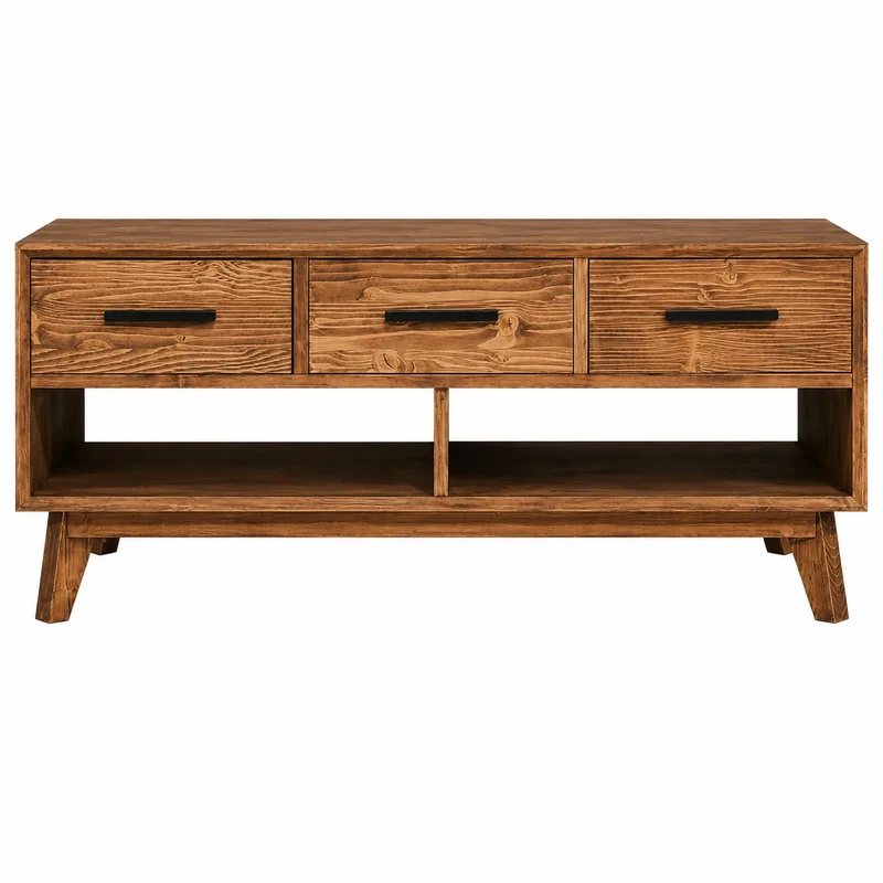 Table basse 3 tiroirs 2 niches en épicéa brossé huilé whisky | Nosta