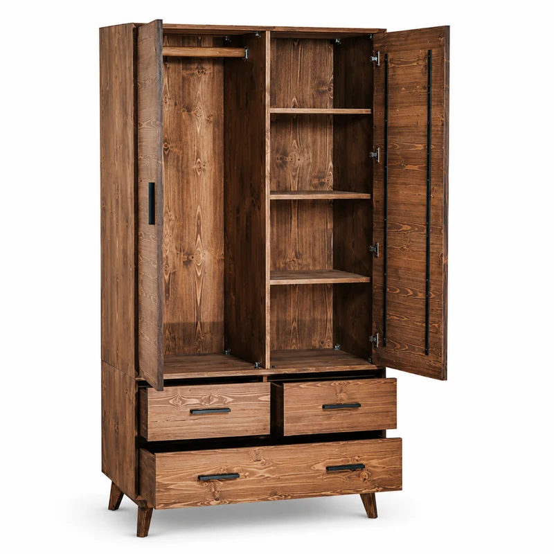 Armoire 2 portes 3 tiroirs en épicéa brossé huilé whisky | Nosta