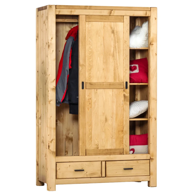 Armoire deux portes coulissantes deux tiroirs en épicéa massif huilé miel | DIBONA