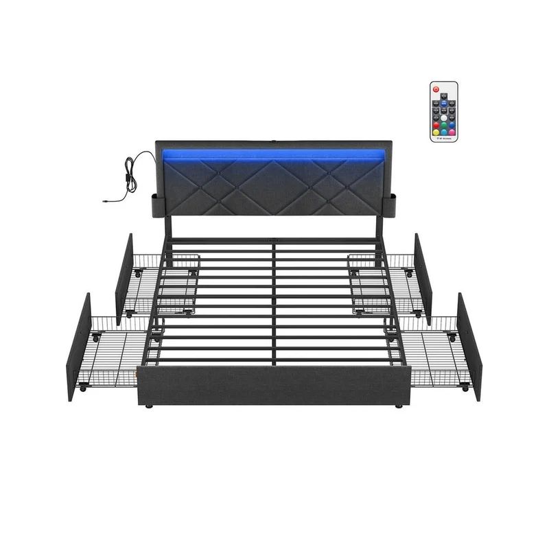Lit double avec tiroirs et tête de lit rembourrée réglable