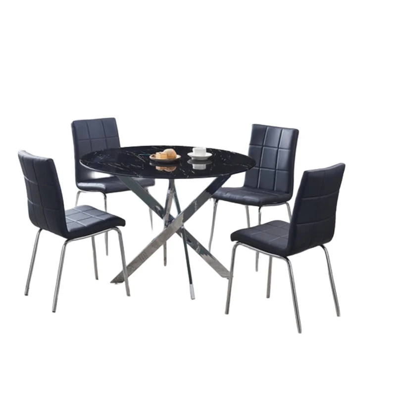 Round Black Marble Glass Dining Set with Chrome Legs – Model T-1446