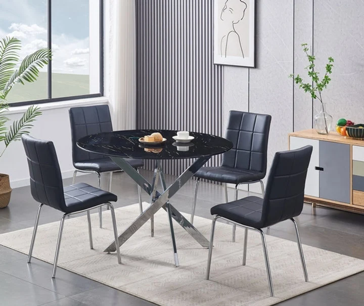 Round Black Marble Glass Dining Set with Chrome Legs – Model T-1446