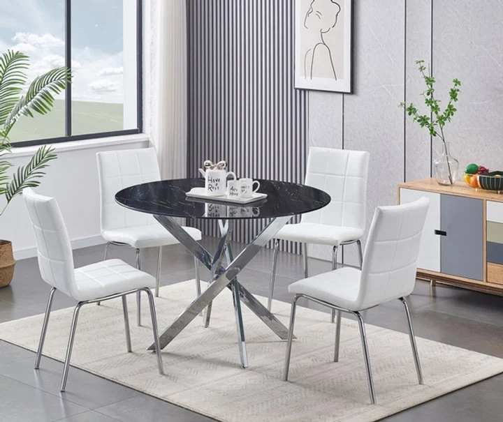 Round Black Marble Glass Dining Set with Chrome Legs – Model T-1446