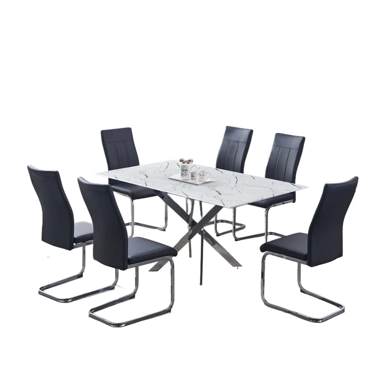 Modern Marble Glass Dining Set with Chrome Legs – Model T-1442