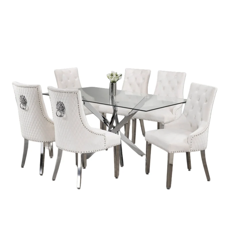 Luxurious Glass Dining Set with Velvet Lion Knocker Chairs – Model T-1448