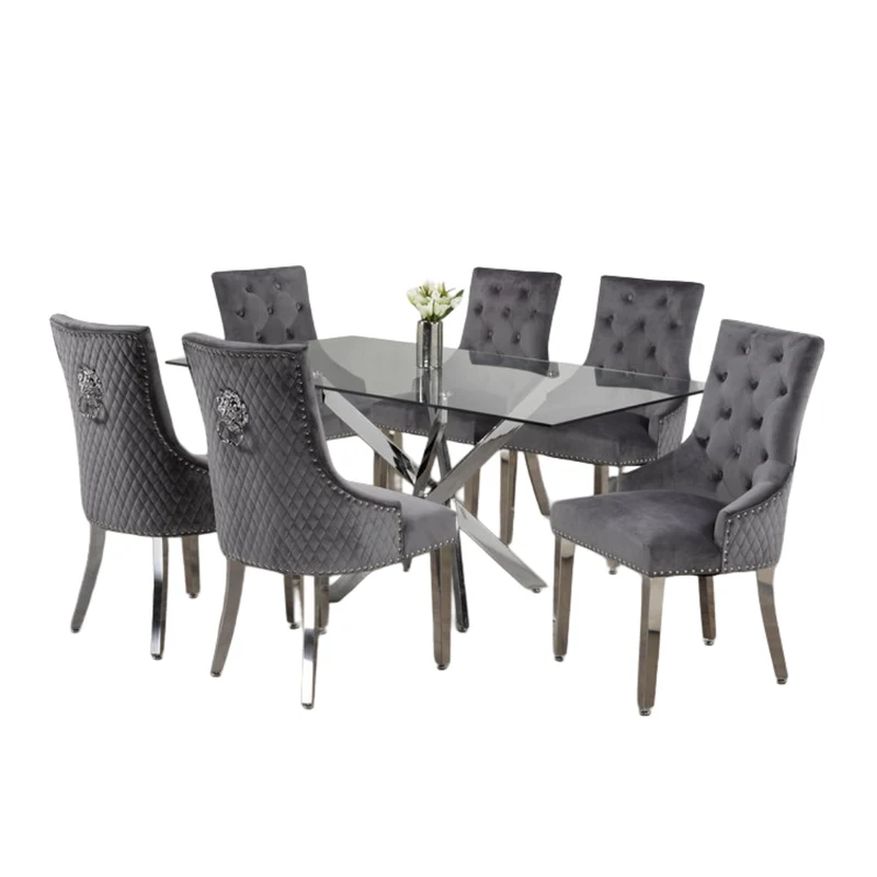 Luxurious Glass Dining Set with Velvet Lion Knocker Chairs – Model T-1448