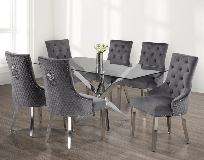 Luxurious Glass Dining Set with Velvet Lion Knocker Chairs – Model T-1448