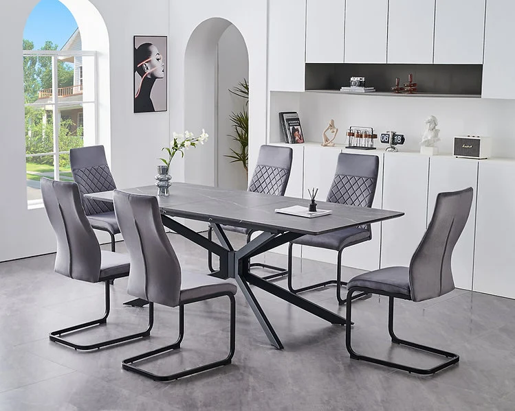 Faux Grey Marble Extension Dining Set with Velvet C-Base Chairs – T-1570