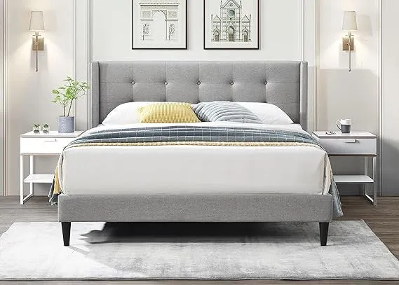 Fabric Bed with Button Tufting, Wing Headboard & Tapered Legs – IF-5270