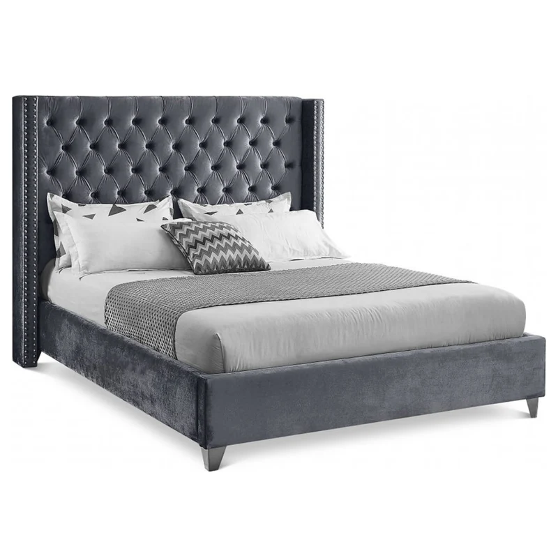 Velvet Fabric Bed with Deep Button Tufting & Nailhead Trim – IF-5892