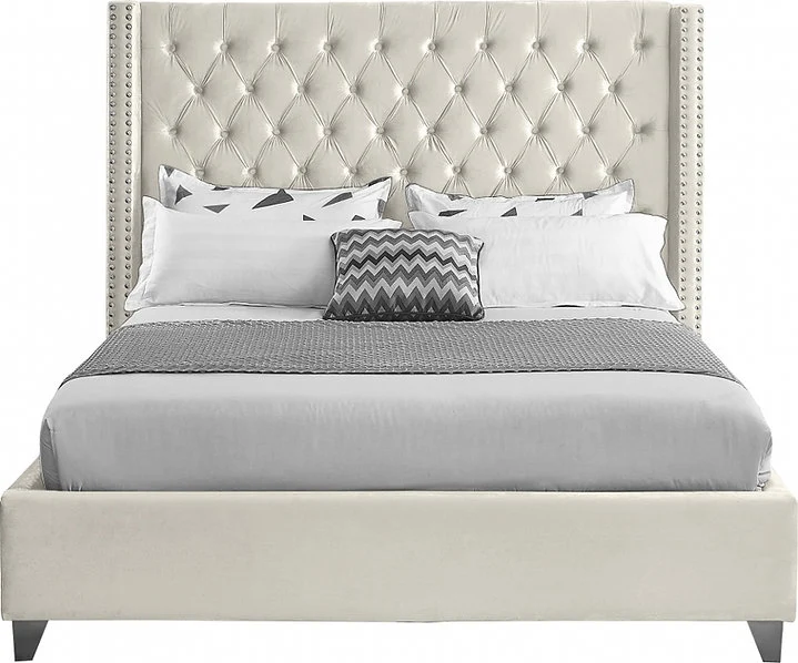 Velvet Fabric Bed with Deep Button Tufting & Nailhead Trim – IF-5892