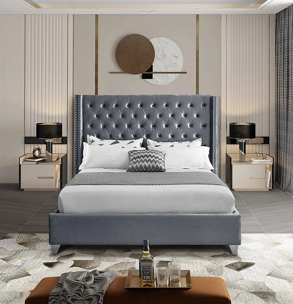 Velvet Fabric Bed with Deep Button Tufting & Nailhead Trim – IF-5892
