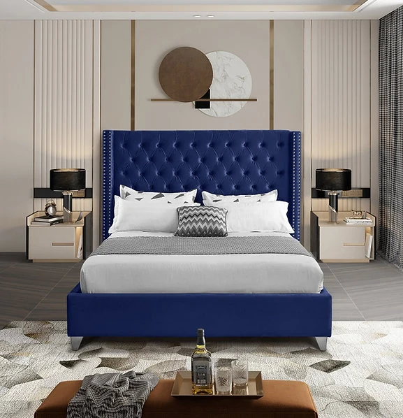 Velvet Fabric Bed with Deep Button Tufting & Nailhead Trim – IF-5892