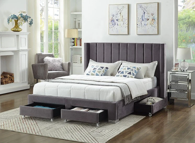 Velvet Fabric Wing Bed with Vertical Deep Tufting and Chrome Legs IF-5310